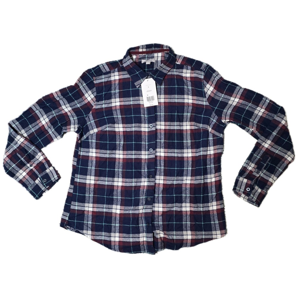 OCEAN COAST Mens L Plaid Flannel Button Down Shirt Long Sleeve Navy White (AF)